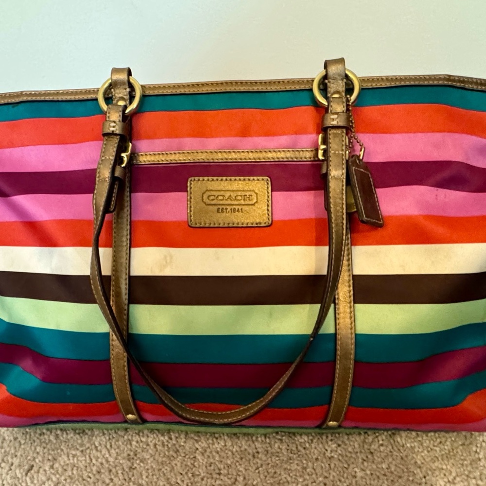 Coach Red and Pink Tote Bag with Bold Stripes